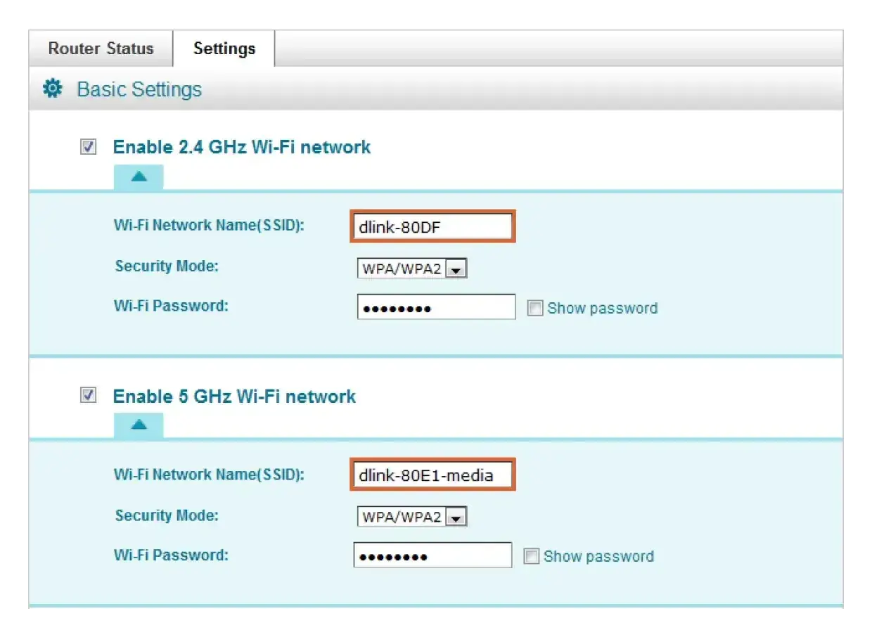 Ustawienia routera: nazwa sieci Wi-Fi (SSID) to "dlink-80DF" dla pasma 2.4 GHz i "dlink-80E1-media" dla 5 GHz.