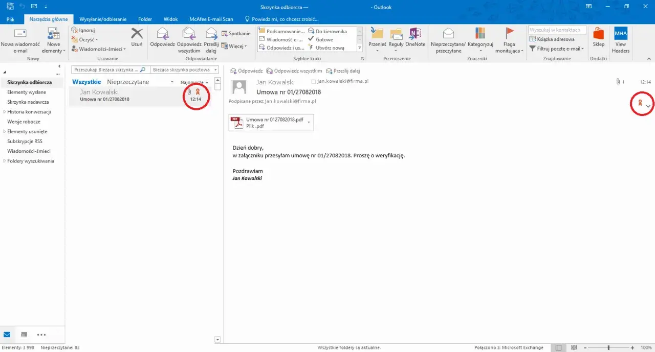 Ikona s/mime outlook z datą 12:14, wskazująca na otrzymaną umowę od Jana Kowalskiego.