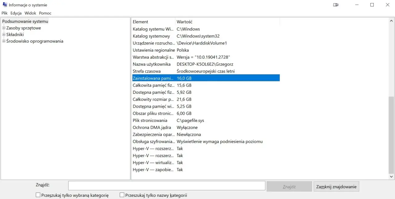 Podsumowanie systemu: zainstalowana pamięć RAM do laptopa to 16,0 GB.