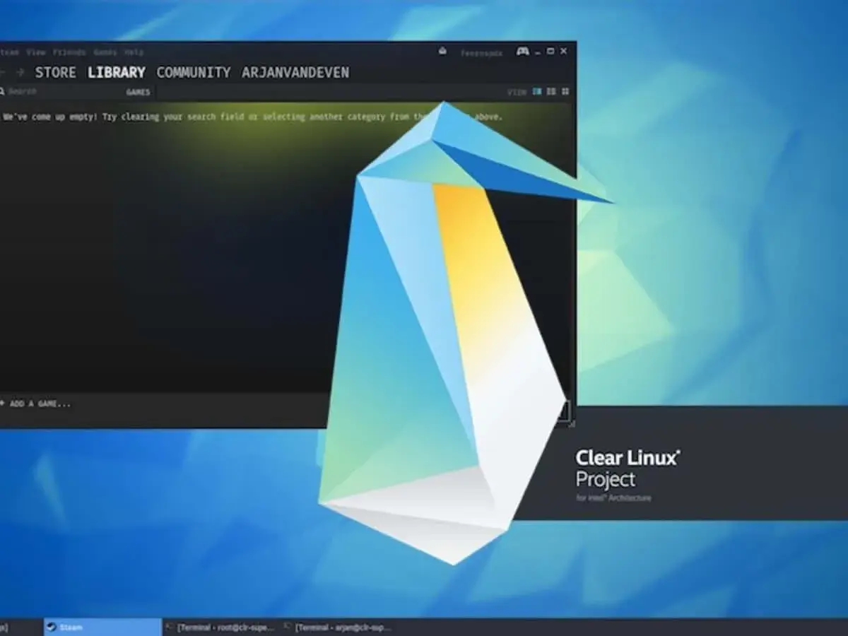Pulpit z logo Clear Linux, na którym widać okno Steam i kilka terminali.