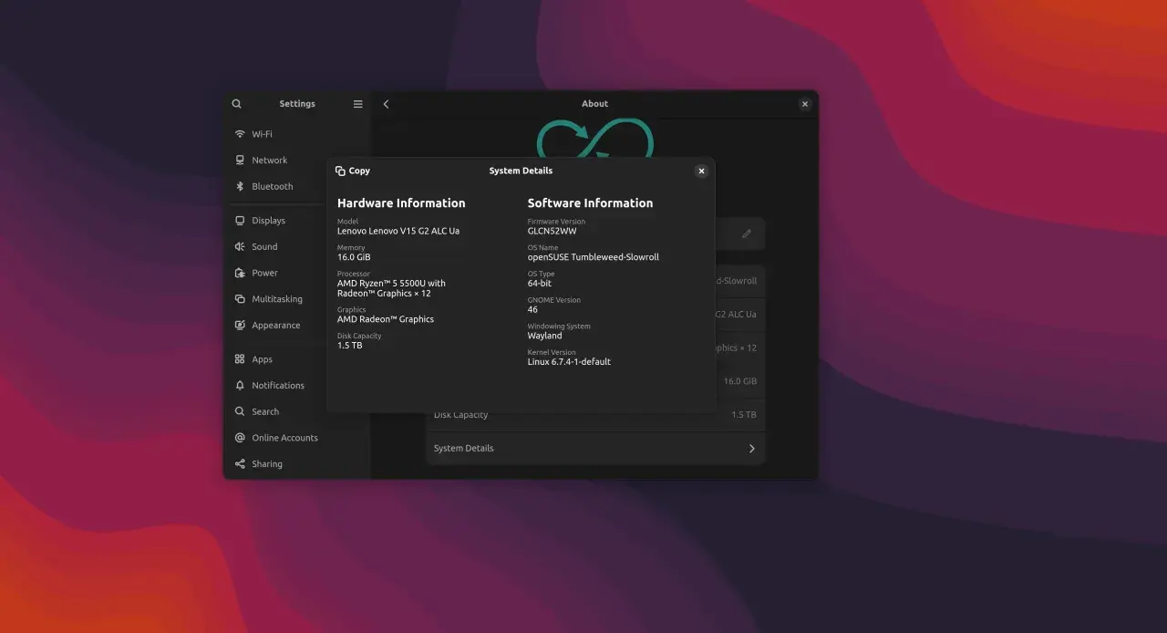Okno ustawień GNOME 46 z informacjami o sprzęcie i oprogramowaniu.