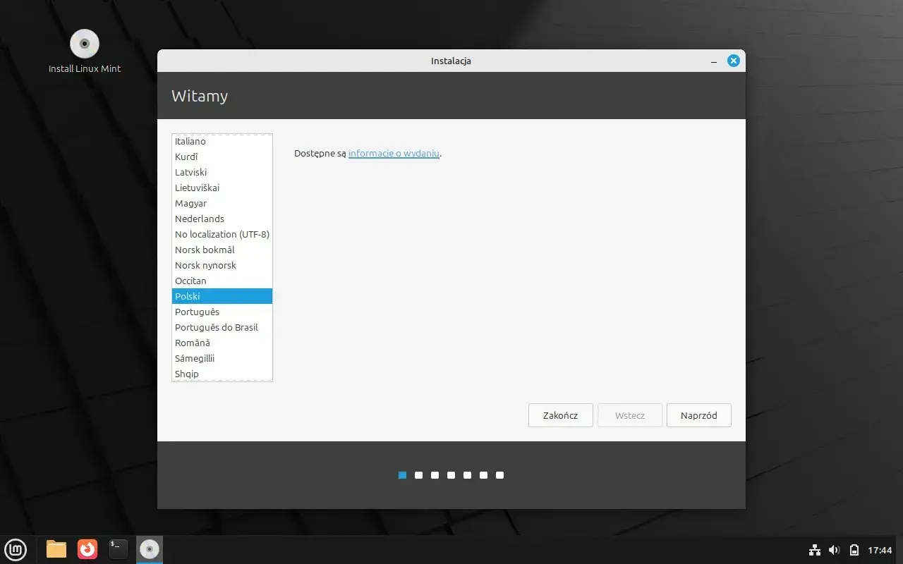 Instalacja Linux Mint Polska. Wybieram język polski, by rozpocząć konfigurację systemu.