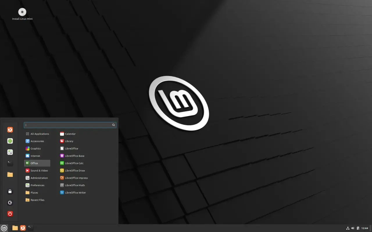Menu startowe z aplikacjami, w tym LibreOffice, w systemie Linux Mint po polsku.