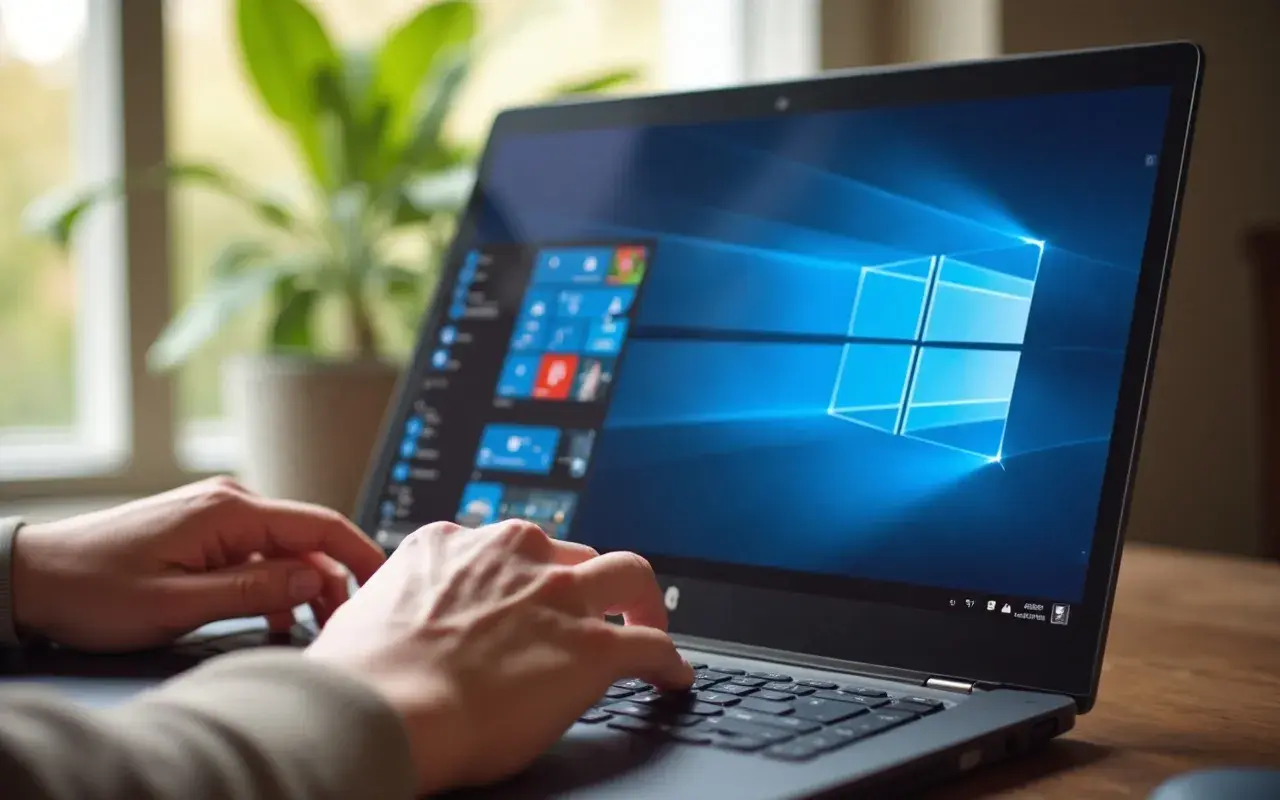 Ręce na klawiaturze laptopa z widocznym menu Start. Dowiedz się, jak sprawdzić wersję Windows.