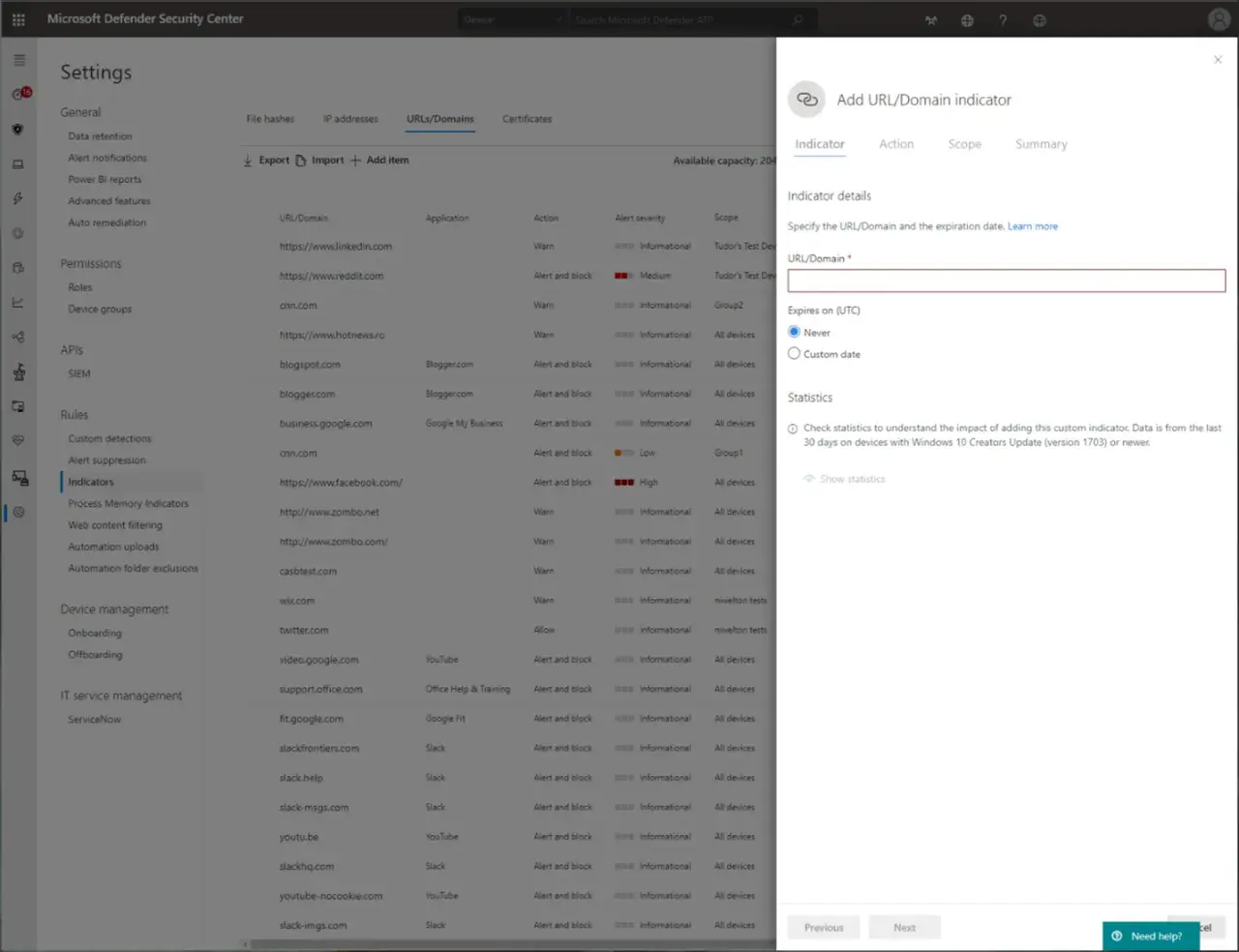 Dodawanie wskaźnika URL/domeny w Microsoft Defender for Endpoint. Okno dialogowe pozwala określić domenę i datę wygaśnięcia.