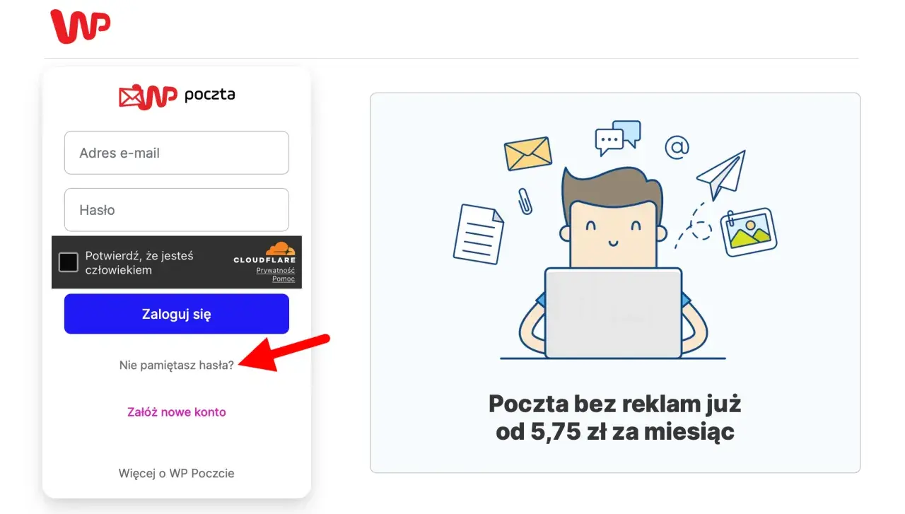 Formularz logowania WP Poczta. Czerwona strzałka wskazuje opcję "Nie pamiętasz hasła?", która może pomóc w zmianie hasła, podobnie jak w przypadku zmiany hasła linux.