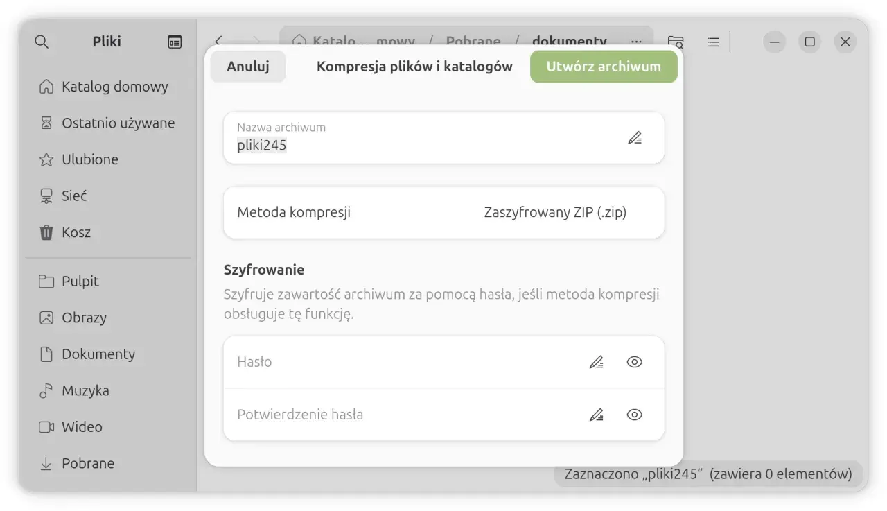 Jak zabezpieczyć folder hasłem? Okno tworzenia archiwum ZIP z opcją szyfrowania i wprowadzania hasła.
