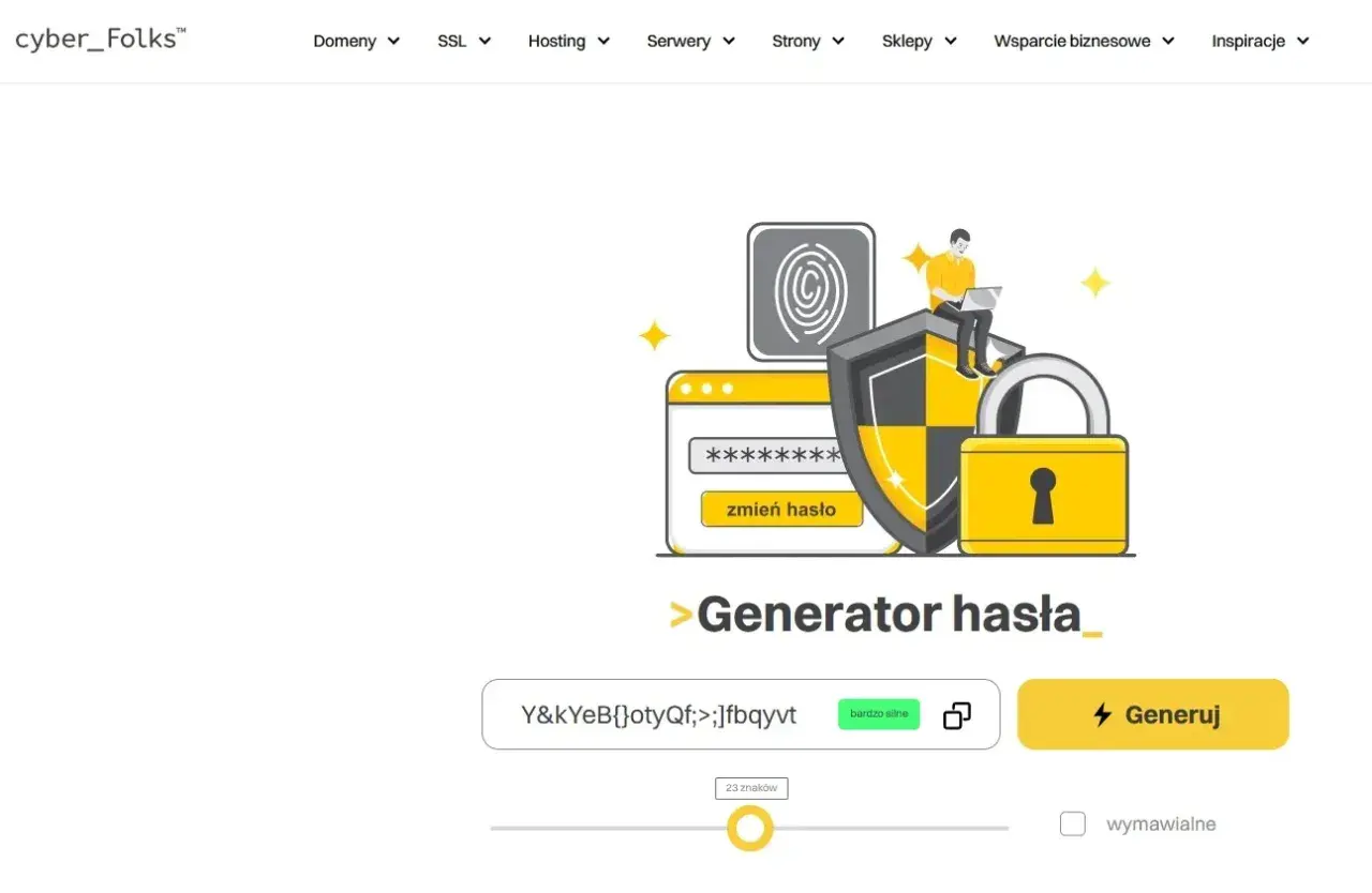 Generator hasła tworzy bardzo silne, bezpieczne hasło. Ikony symbolizują ochronę i dane.