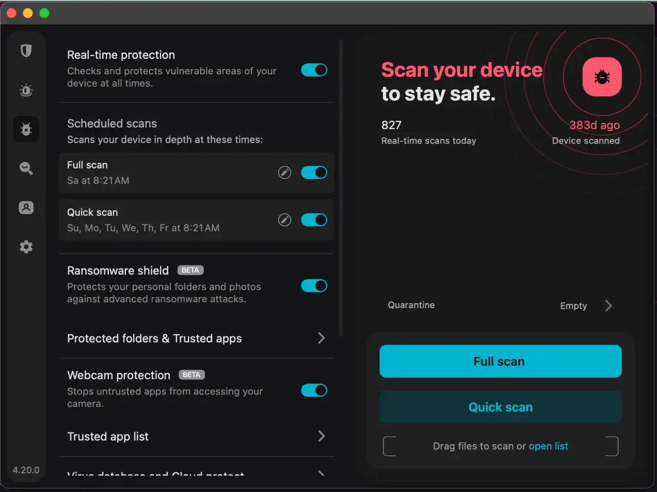 Interfejs programu antywirusowego. Widoczne opcje: ochrona w czasie rzeczywistym, zaplanowane skanowanie (pełne i szybkie), ochrona przed ransomware. Po prawej przycisk "Skanuj swoje urządzenie".
