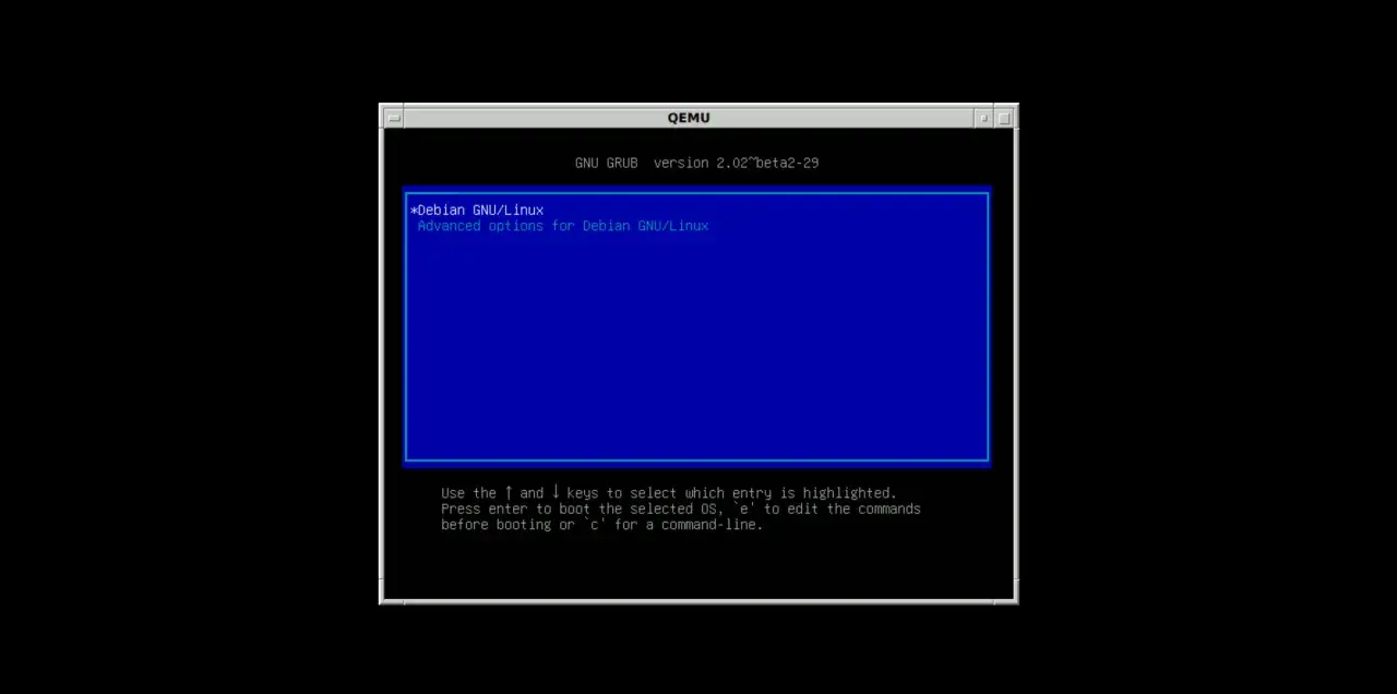 Ekran startowy GRUB dla Debian GNU/Linux w QEMU. Wybierz system lub edytuj polecenia.