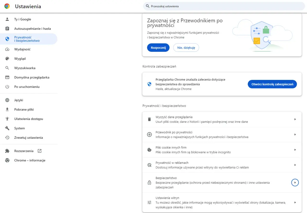 Ustawienia prywatności i bezpieczeństwa w Chrome. Dowiedz się, jak sprawdzić, czy strona ma wirusa, korzystając z kontroli zabezpieczeń.