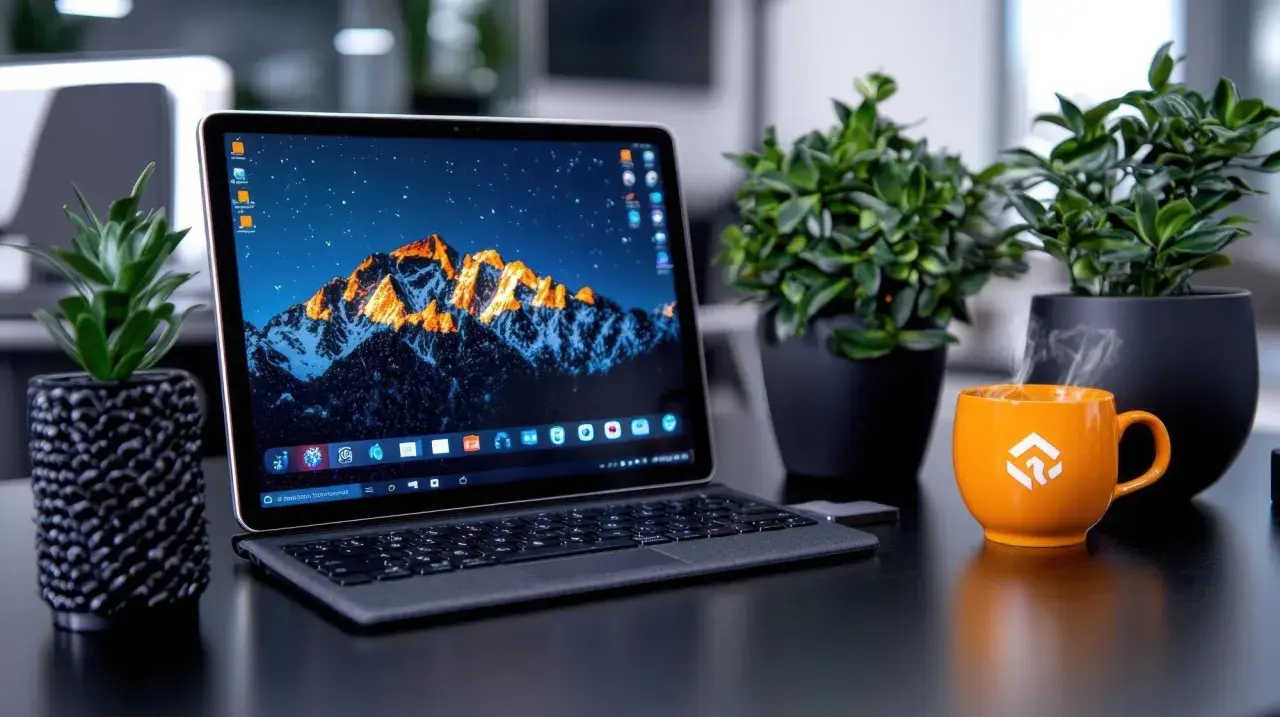 Laptop z górskim krajobrazem na pulpicie, obok parująca pomarańczowa filiżanka i rośliny. Idealne miejsce do nagrywania ekranu komputera.
