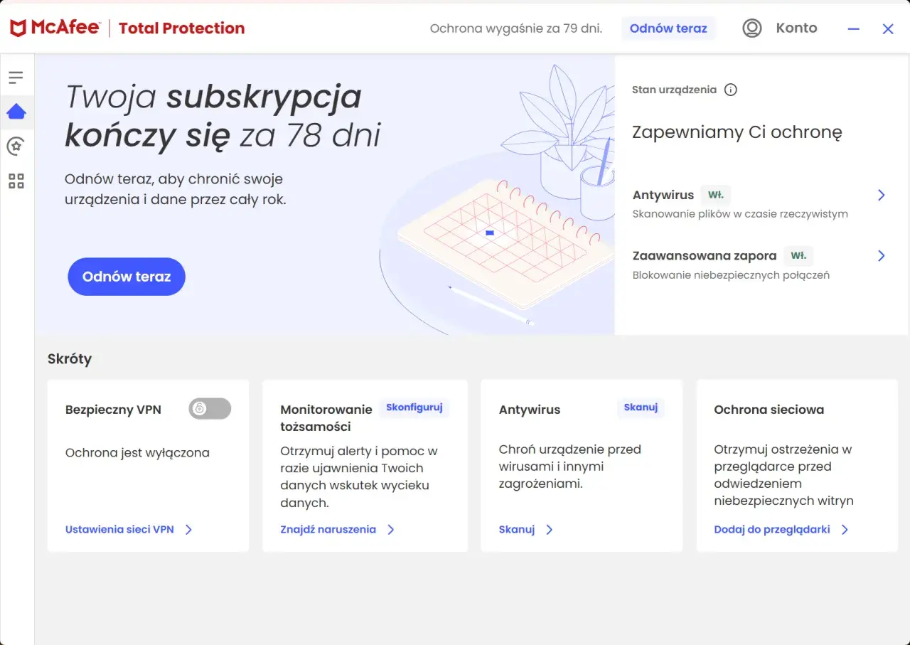 Interfejs McAfee Total Protection. Zobaczysz tu informacje o subskrypcji i opcje ochrony. Nie ma tu bezpośredniej opcji jak wyłączyć McAfee, ale można zarządzać ochroną.
