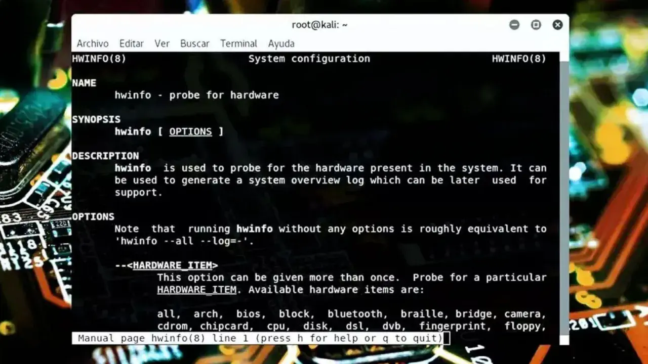 Terminal Linux z opisem narzędzia hwinfo, służącego do analizy sprzętu.
