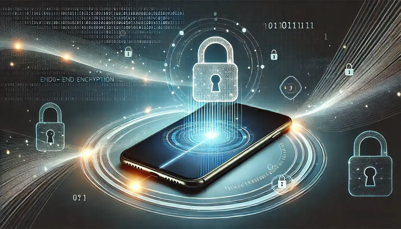 Telefon z symbolami kłódki i tekstem "END-TO-END ENCRYPTION" ilustruje szyfrowanie wiadomości.
