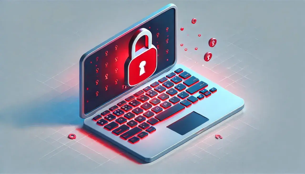 Laptop z czerwonym zamkiem na ekranie, symbolizującym bezpieczeństwo. Wokół unoszą się małe ikony kłódek. Zastanawiasz się, keylogger co to?