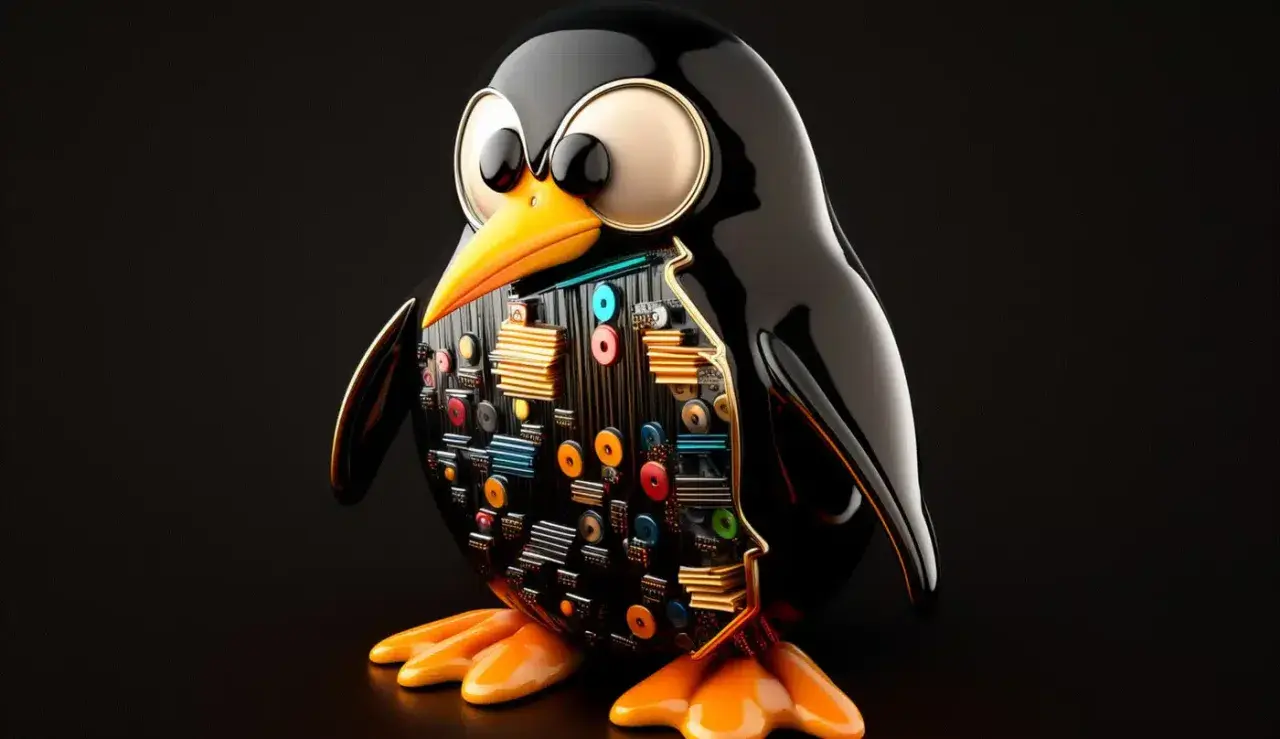 Tux, maskotka Linuksa, z widocznymi elementami płyty głównej, symbolizuje najnowszy linux i jego zaawansowaną technologię.