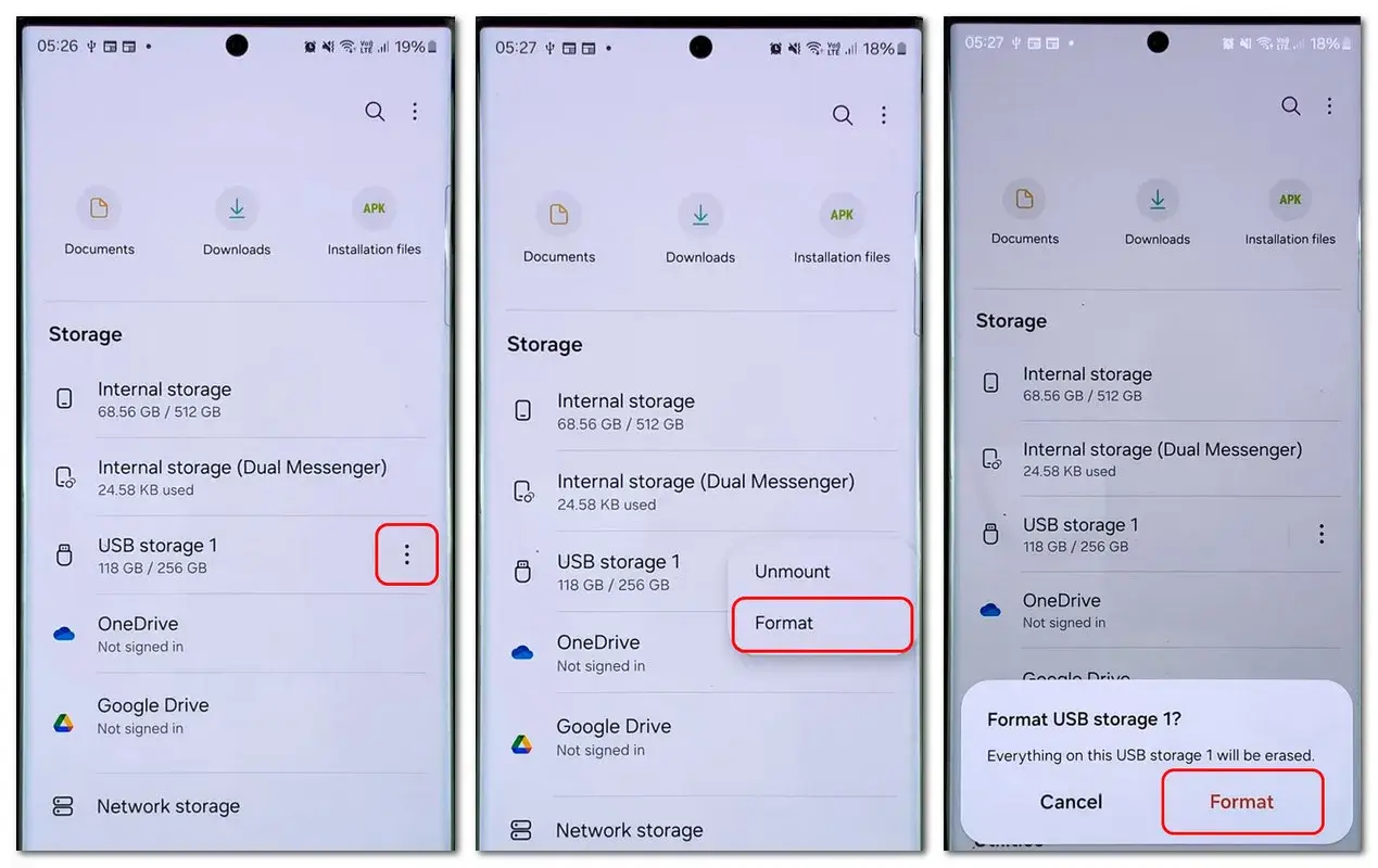 Formatowanie karty SD: wybierz opcję "Format" dla USB storage 1, aby wyczyścić dane.