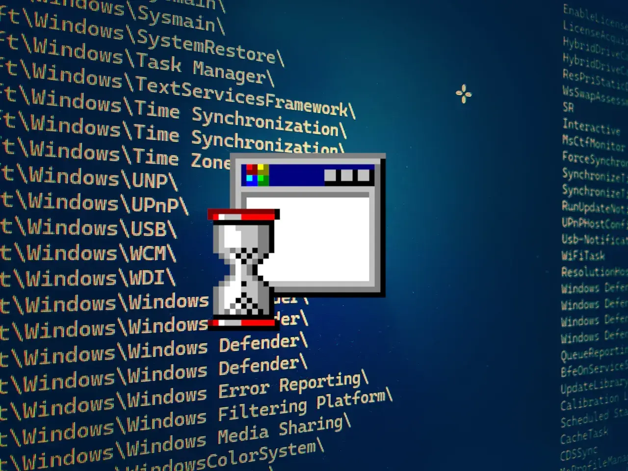Ikona klepsydry i okno dialogowe symbolizują usuwanie aplikacji z systemu Windows.
