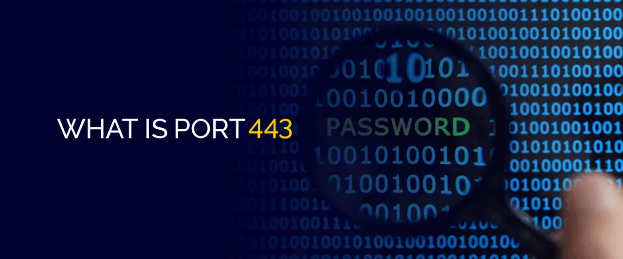 Co to jest port 443? Obraz przedstawia kod binarny i hasło, sugerując bezpieczeństwo sieci.