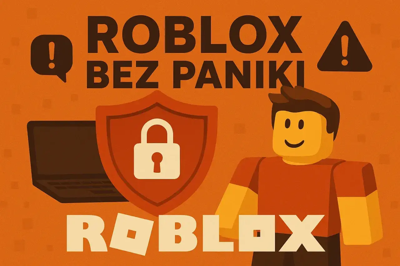 Roblox bez paniki! Czy roblox jest bezpieczny dla dzieci? Grafika z symbolem kłódki i postacią z gry sugeruje, że tak.