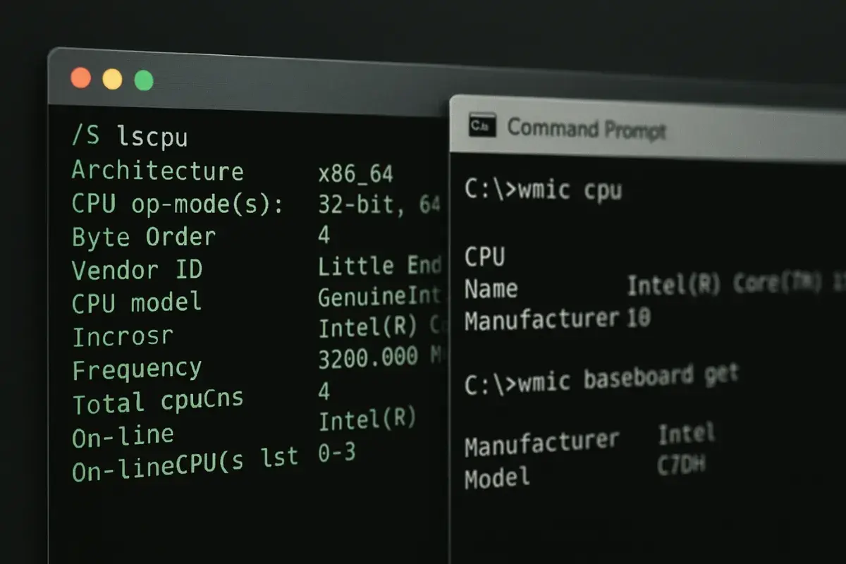 Terminal z komendami `lscpu` i `wmic` pokazuje szczegóły procesora, jak nazwa Intel Core i częstotliwość. To jakby `cpu-z linux` w akcji.