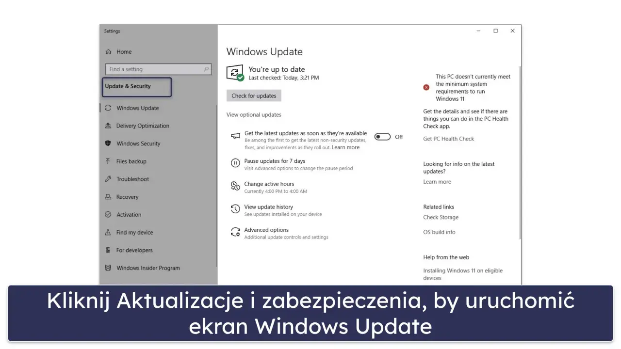 Ekran Ustawień Windows 10, sekcja Aktualizacje i zabezpieczenia. Widoczny komunikat o braku zgodności z wymaganiami Windows 11.