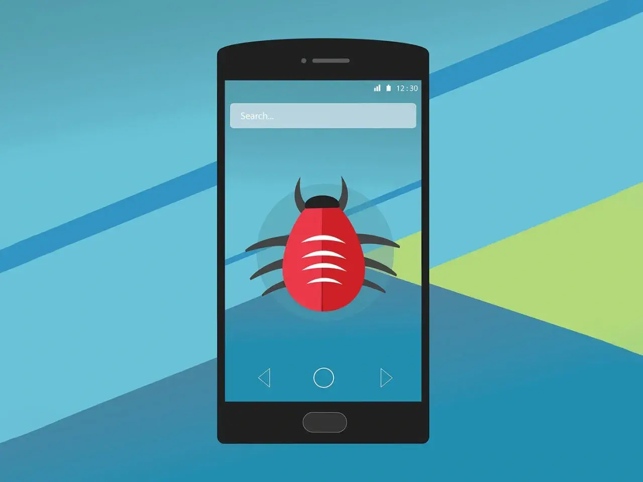 Grafika przedstawia smartfon z czerwoną kropką przypominającą wirusa na ekranie. Dowiedz się, jak wyczyścić telefon z wirusów.