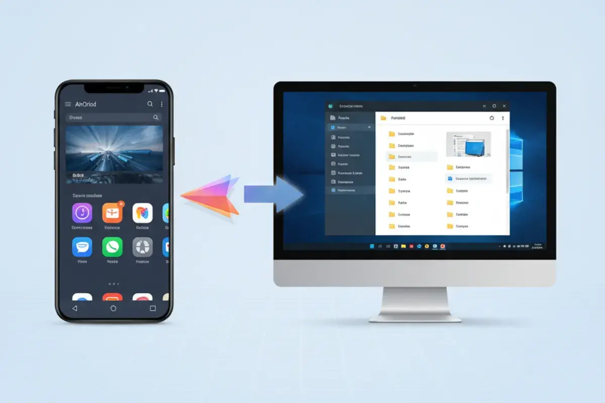 Synchronizacja telefonu z systemem android x86 z komputerem. Strzałka symbolizuje przepływ danych.