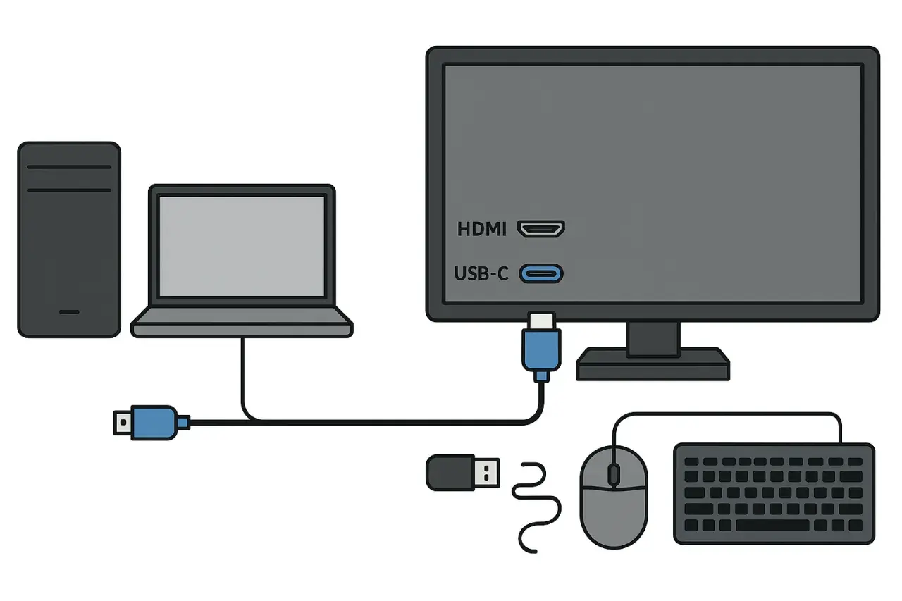 Ilustracja pokazuje, jak podłączyć monitor przez USB-C. Laptop jest połączony z monitorem kablem USB-C.