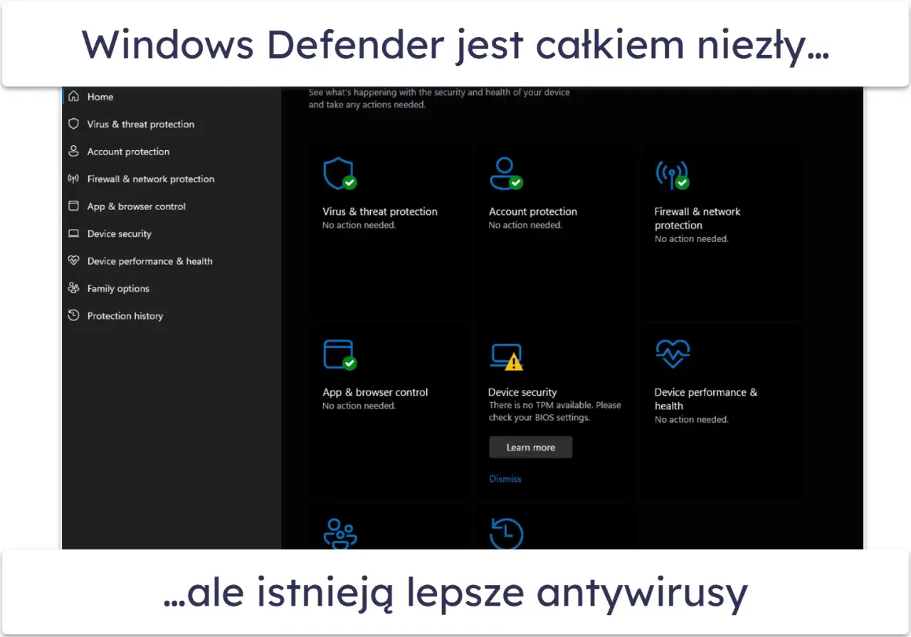 Interfejs Windows Defender pokazuje status ochrony: wirusów, konta, sieci i aplikacji. Wszystko działa poprawnie.
