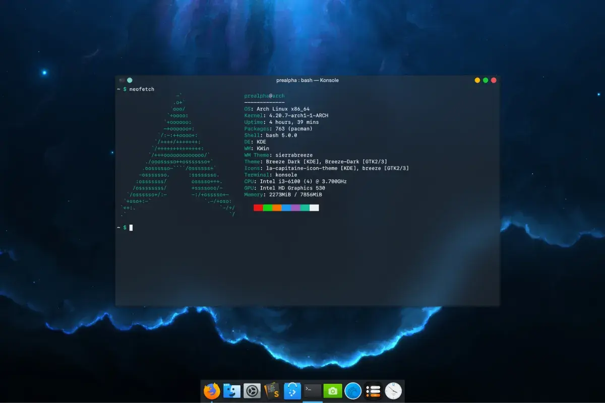 Terminal z neofetch na systemie BlackArch Linux, pokazujący informacje o systemie i sprzęcie.