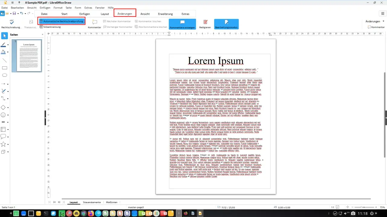 W oknie LibreOffice Draw włączona jest "Automatyczna Rechtschreibprüfung" w zakładce "Änderungen".