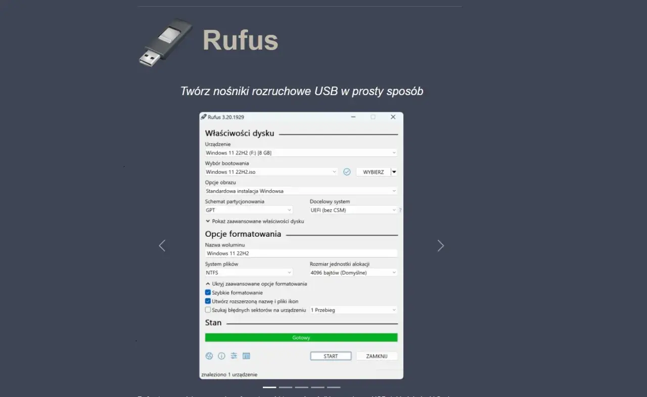 Rufus tworzy bootowalny USB z Windows 11. Widok programu Rufus, przygotowanie nośnika.