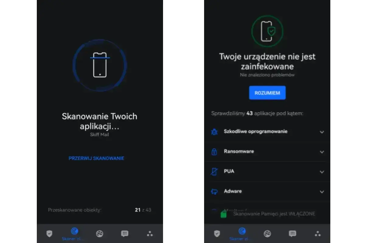 Czy iPhone ma antywirusa? Aplikacja skanuje urządzenie, informując, że nie znaleziono problemów.