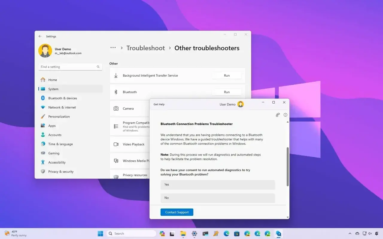 Rozwiązywanie problemów z połączeniem Bluetooth w Windows 11. Uruchomiono narzędzie do rozwiązywania problemów z Bluetooth.