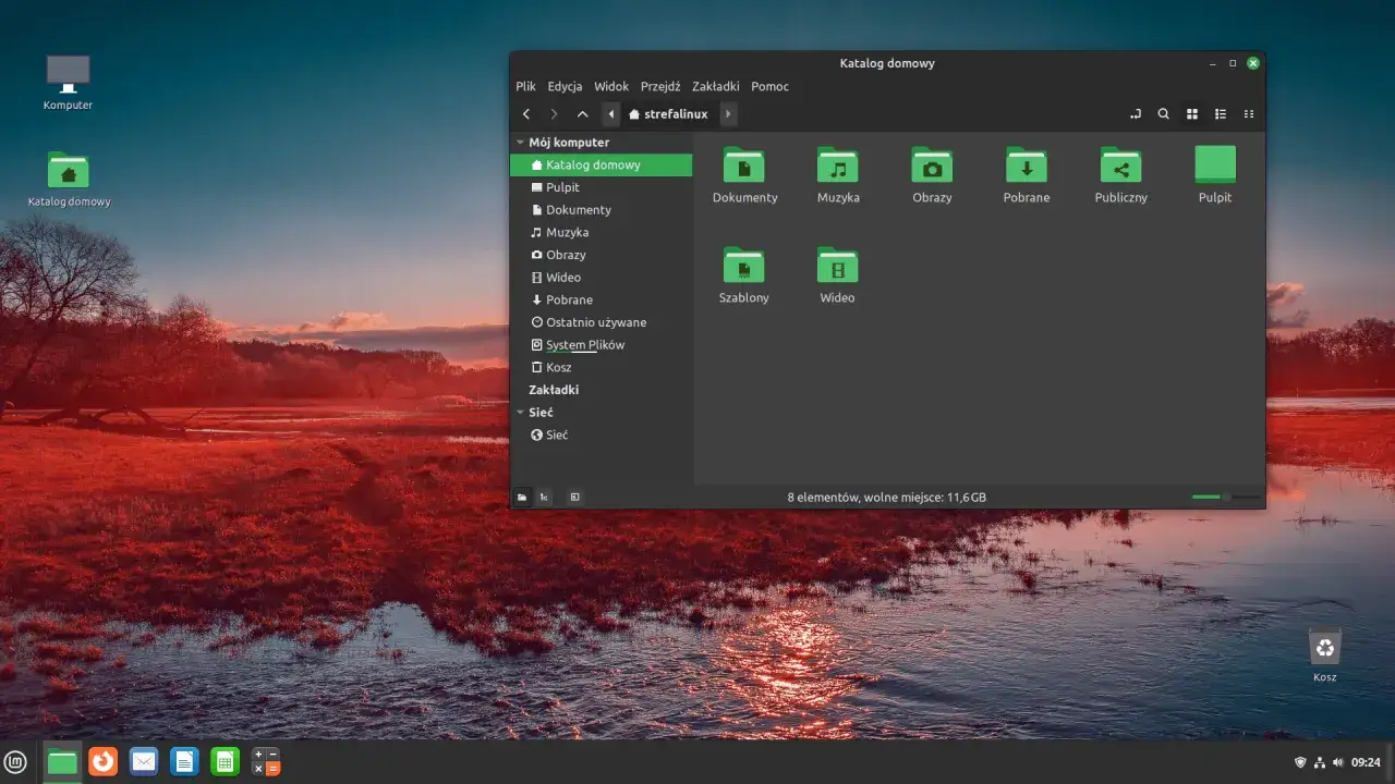 Desktop z systemem mint XFCE, okno menedżera plików 