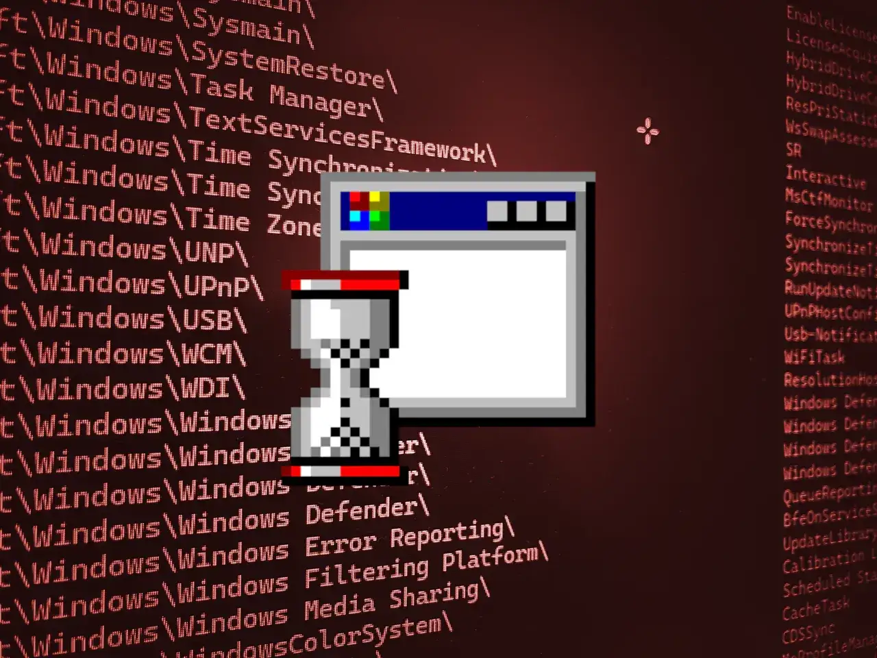 Ikona klepsydry i okno systemu Windows 11 na tle kodu. Menedżer urządzeń Windows 11 może być niedostępny.