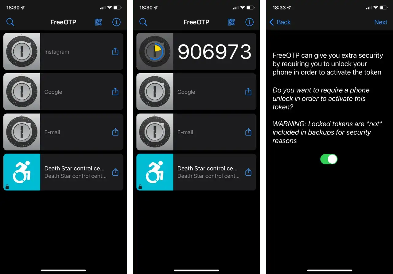 Aplikacja uwierzytelniająca FreeOTP wyświetla kody dla Instagrama, Google i e-maila. Możesz włączyć blokadę tokenów.