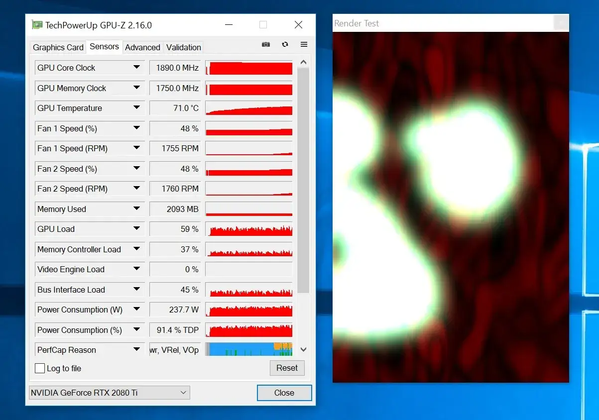 Monitorowanie GPU-Z: temperatury, obciążenie, pobór mocy. Widać powody ograniczenia wydajności (throttling co to) - wr, VRel, VOp.