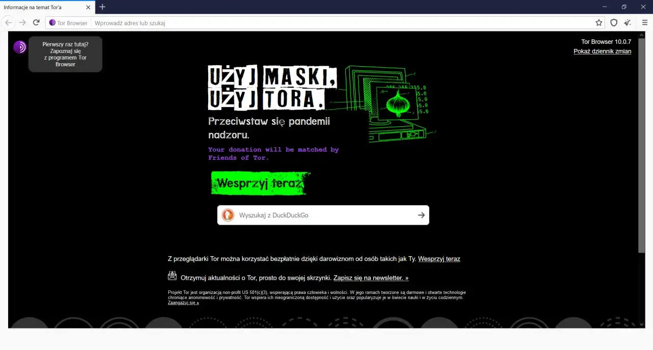 Strona główna przeglądarki Tor Browser z hasłem 