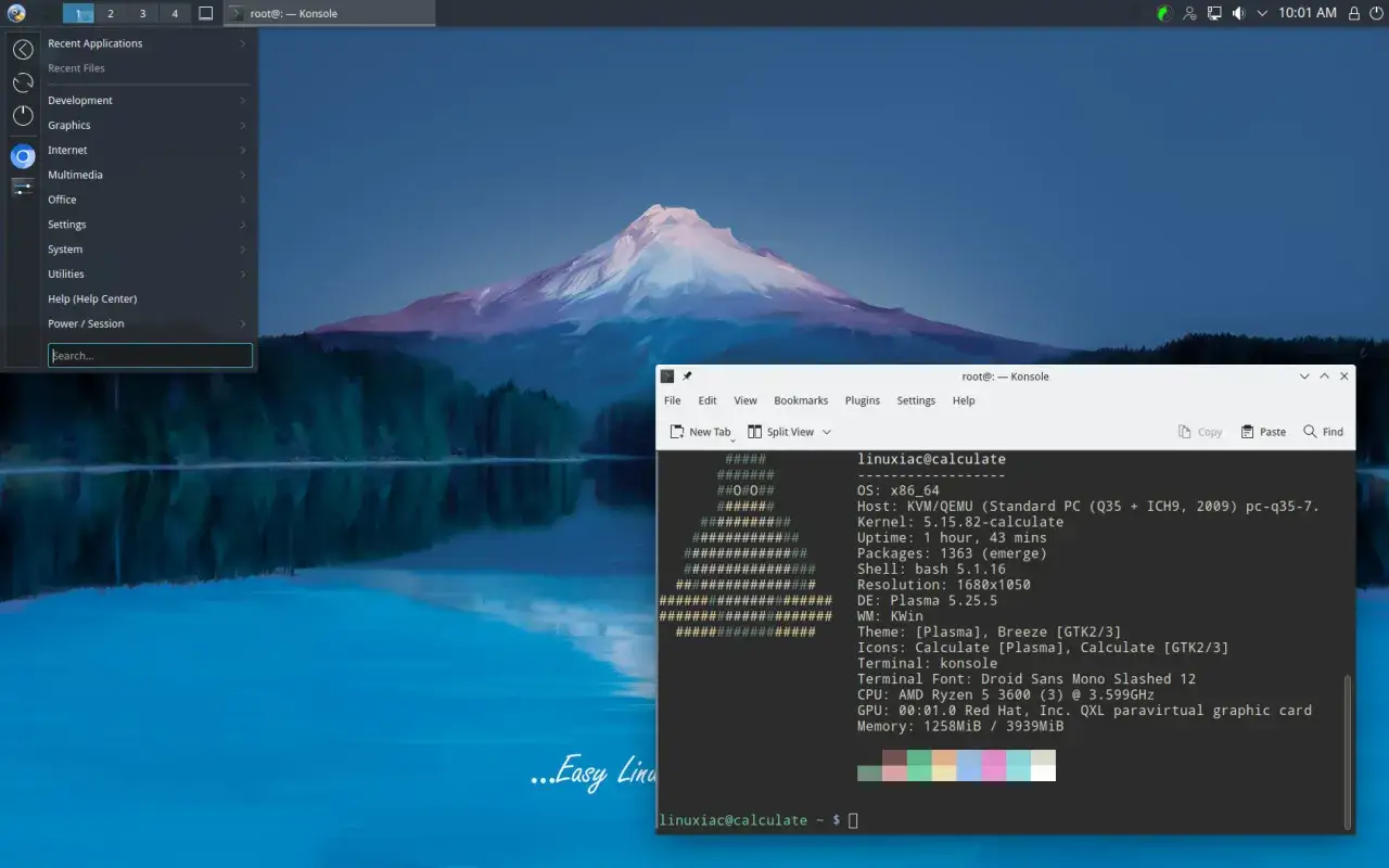 Terminal Konsole na pulpicie z motywem Calculate Linux. Wyświetla informacje o systemie, w tym wersję jądra i procesora.