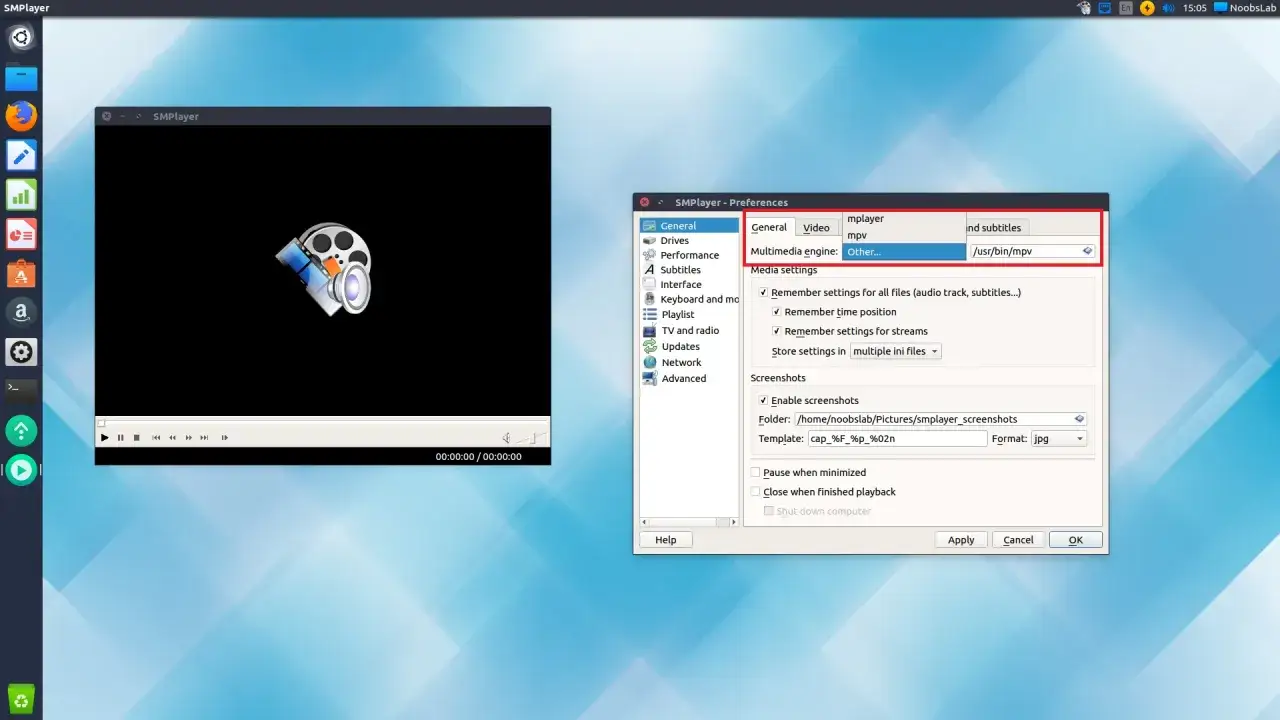 Ustawienia SMPlayer: silnik multimediów mpv, ścieżka /usr/bin/mpv.
