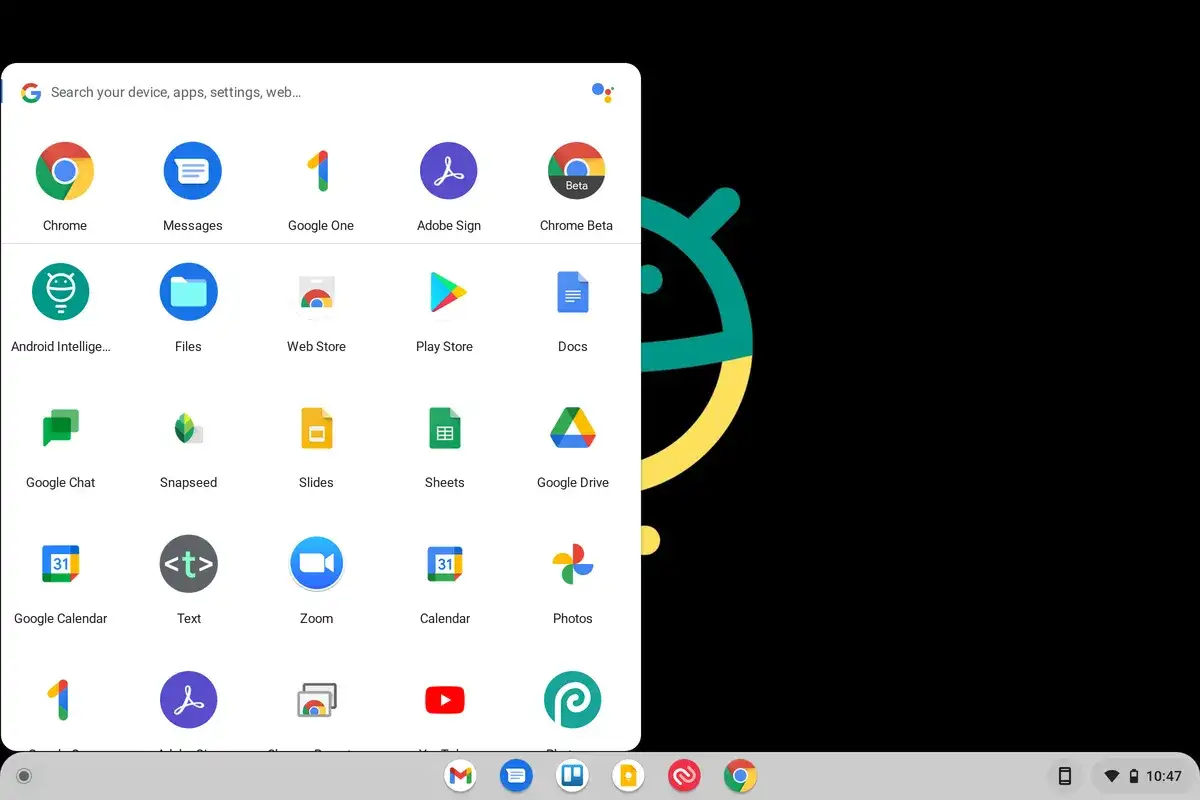 Menu aplikacji na ekranie Chrome OS z ikonami Chrome, Messages, Google One, Files, Play Store, Google Drive i innymi.
