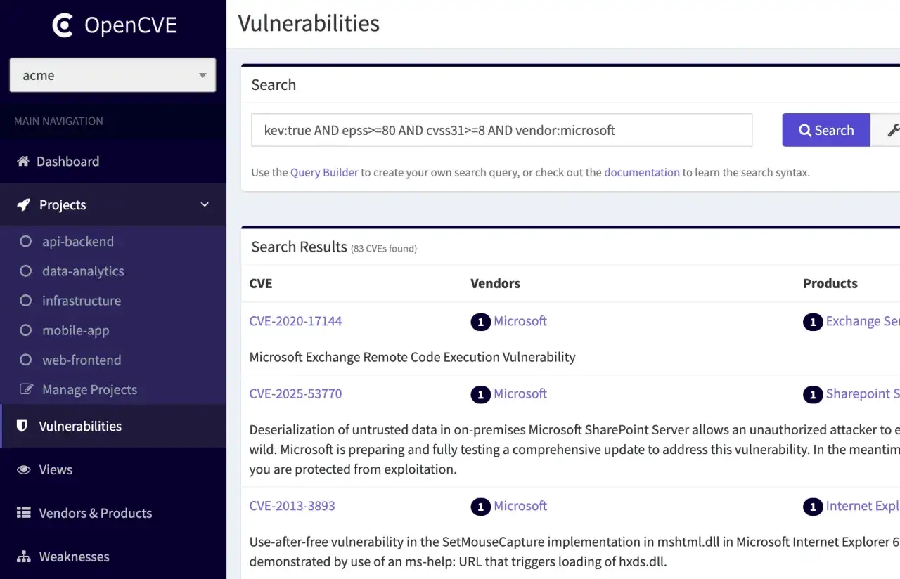 Wyszukiwanie w bazie danych OpenCVE dla luk Microsoft, z wysokim wskaźnikiem EPSS i CVSS.