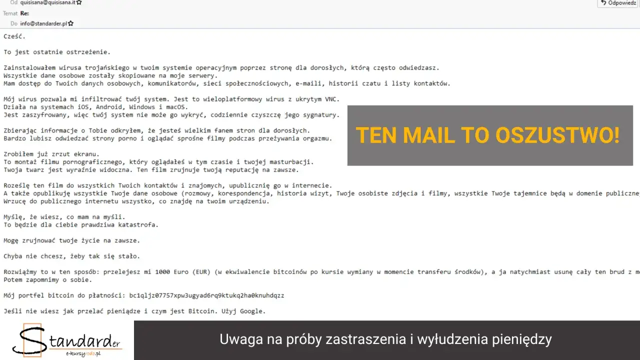 Mail od hakera z własnego maila. Grozi publikacją kompromitujących materiałów, żądając 1000 euro w Bitcoin.