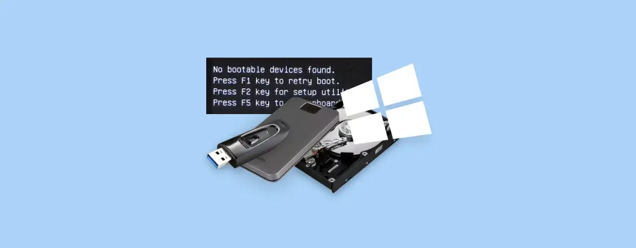 Brak urządzeń rozruchowych. Problem z partycją systemową EFI? Pendrive i dysk twardy obok okienek Windows.