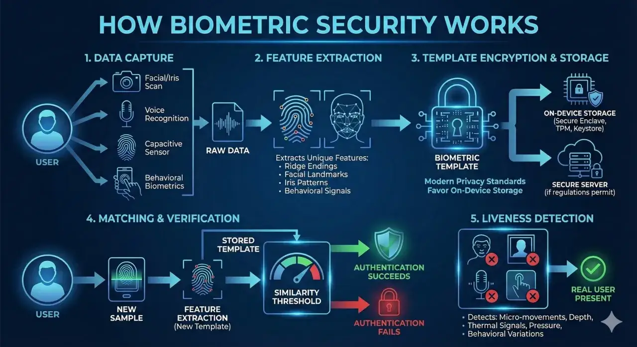 Schemat przedstawia proces logowania biometrycznego: od przechwytywania danych, przez ekstrakcję cech, szyfrowanie, po weryfikację i wykrywanie żywotności.
