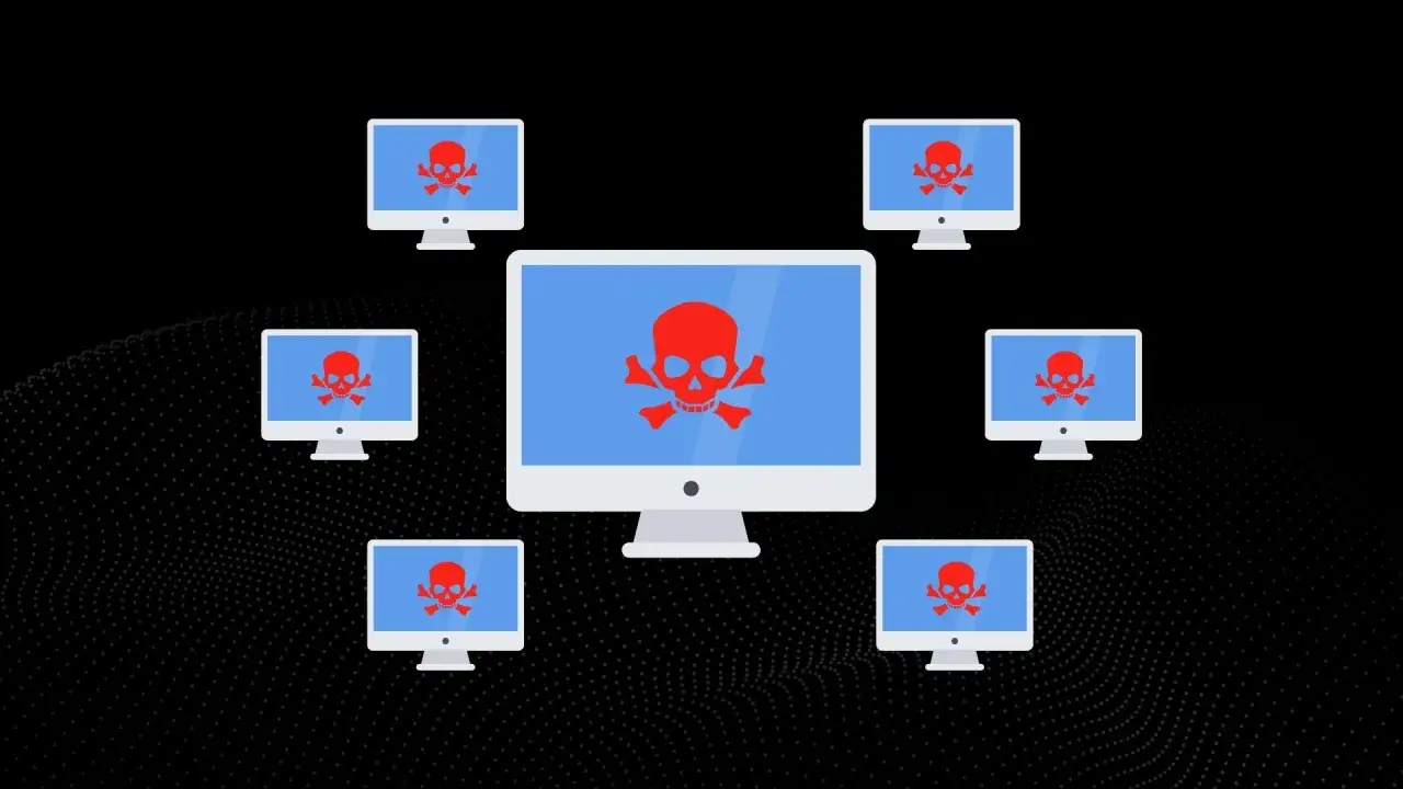 Siedem komputerów z czerwonym symbolem czaszki i skrzyżowanych kości na niebieskim tle. To ilustracja pokazująca, co to botnet.