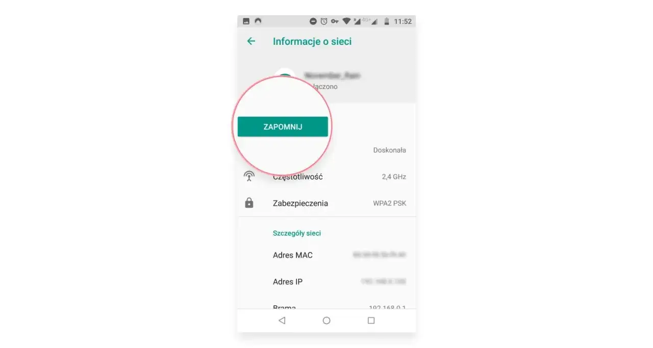 Ekran telefonu z informacjami o sieci Wi-Fi. Widoczny przycisk 